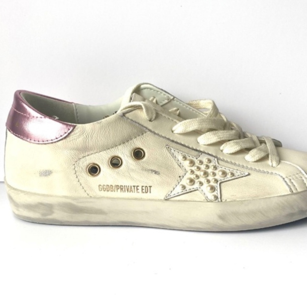 Golden Goose Cream and Pink Sneakers